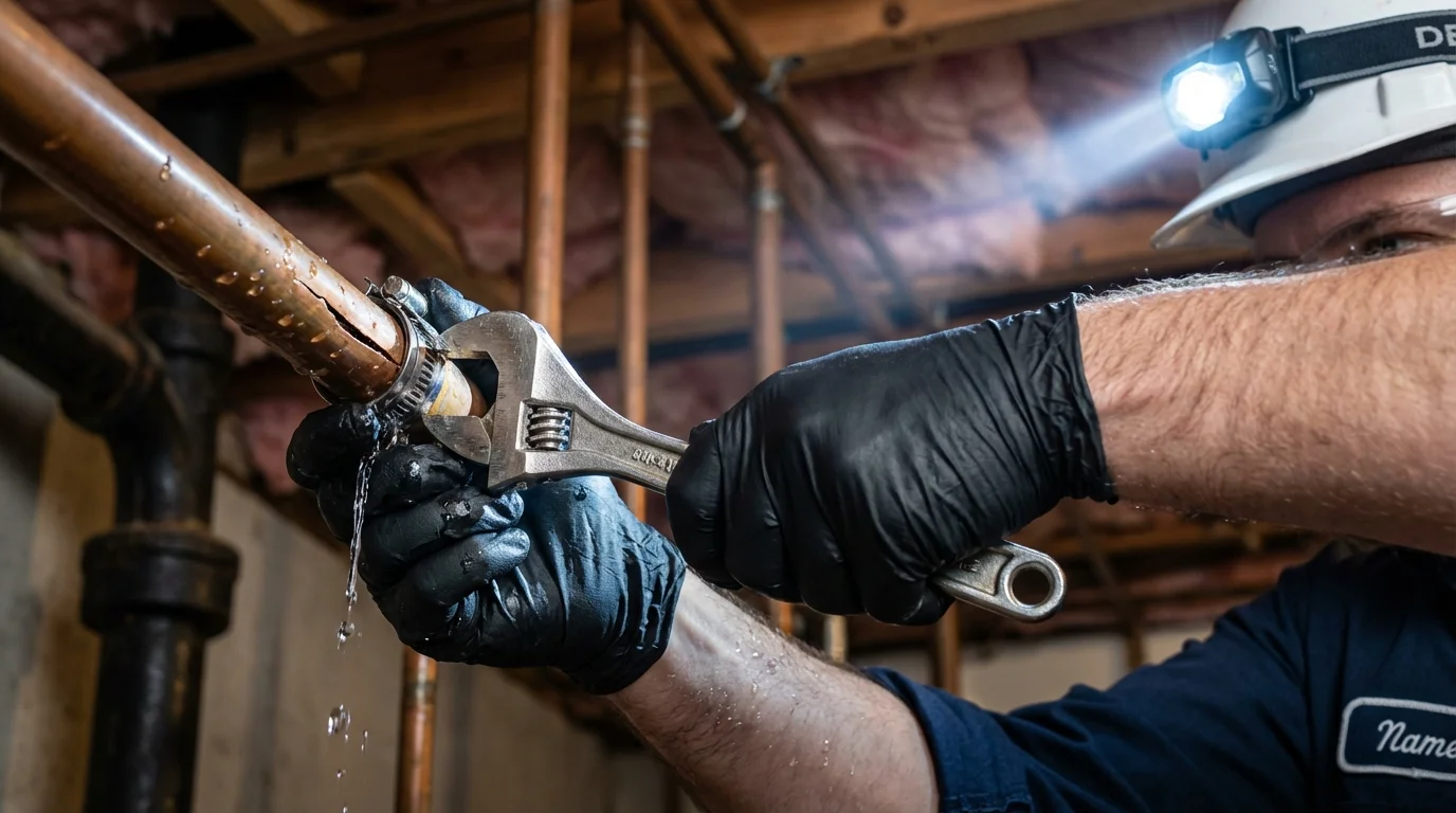 Emergency pipe clamp repair being performed by a Johns Plumbing LLC plumber in Summerville