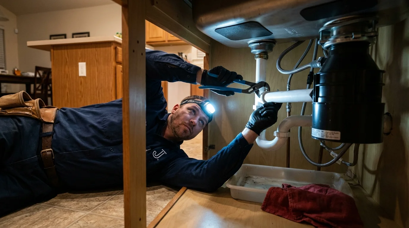 P-trap and supply line connections under a kitchen sink showing a common leak point in Summerville, GA